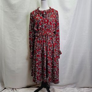 Othermix Red Floral Ruffle Cottagecore Midi Dress Size Large